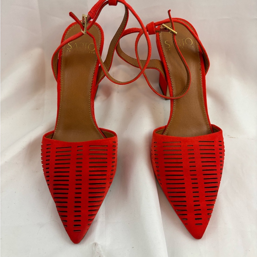 GUC SARTO Franco Sarto sz7.5 Women's Red/Orange Starla Strappy Suede Heels…